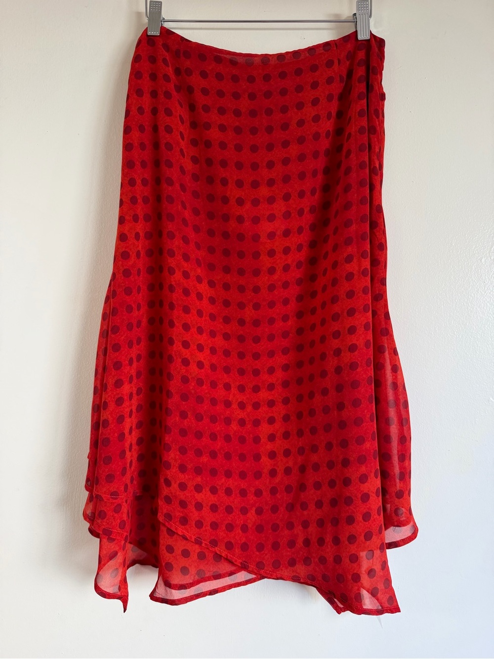 Red Polka Dot Midi Skirt with Flowy Asymmetric Hem